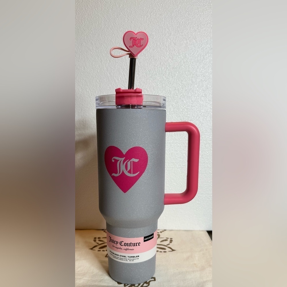 Juicy Couture Sparkly Glitter Gray & Hot Pink Tumbler with Straw Topper 40oz